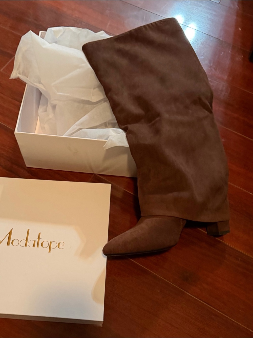 Modatope Brown Suede Knee-High Pointed Toe Boot